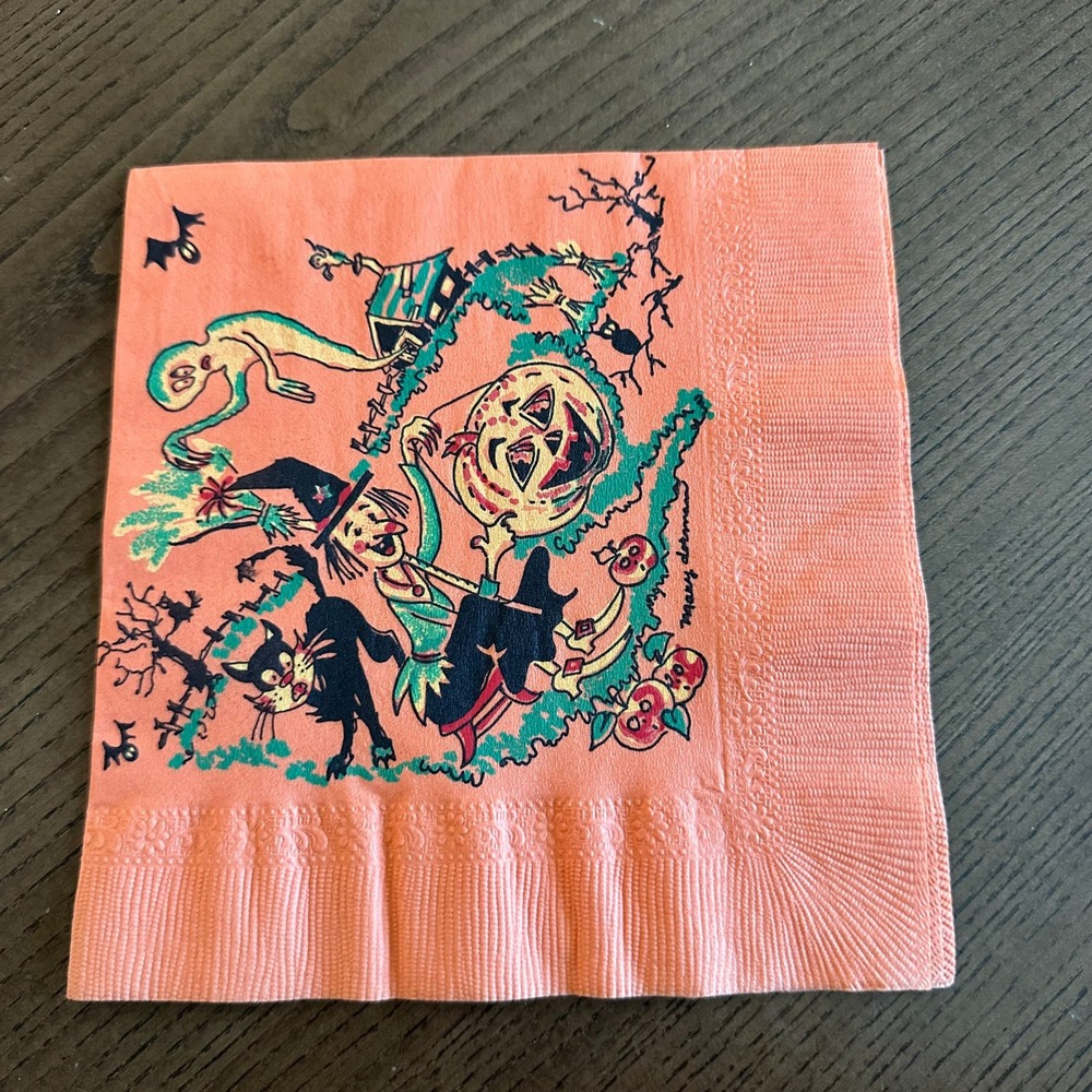 Vintage Mary Dorman Halloween Napkin Witch Black Cat Ghost Pumpkin Orange Retro